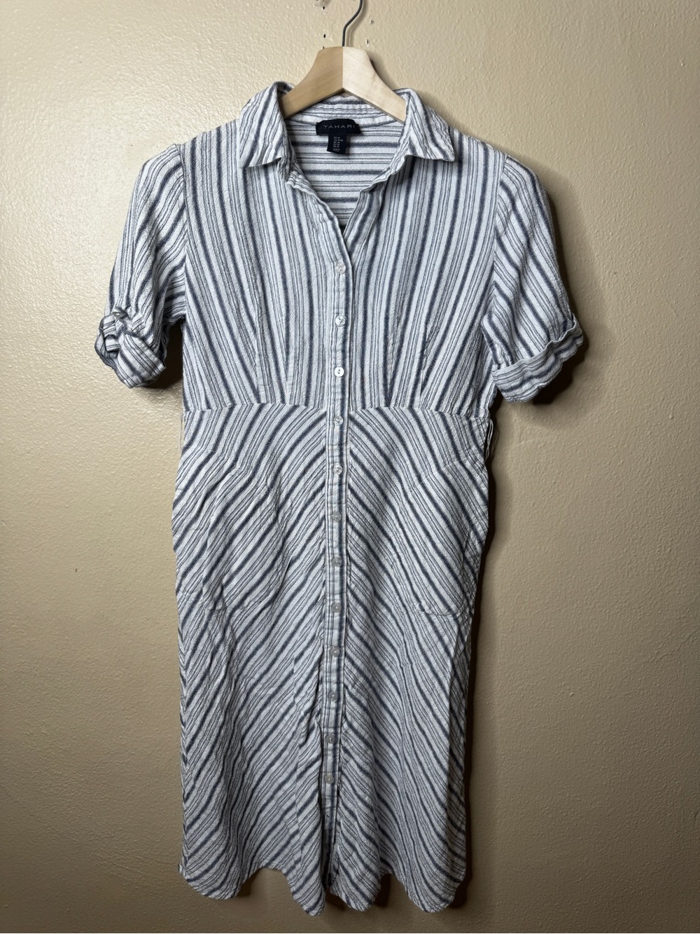Tahari Womens M Linen Blend Striped Button Front Shirt Dress Roll Tab Sleeve